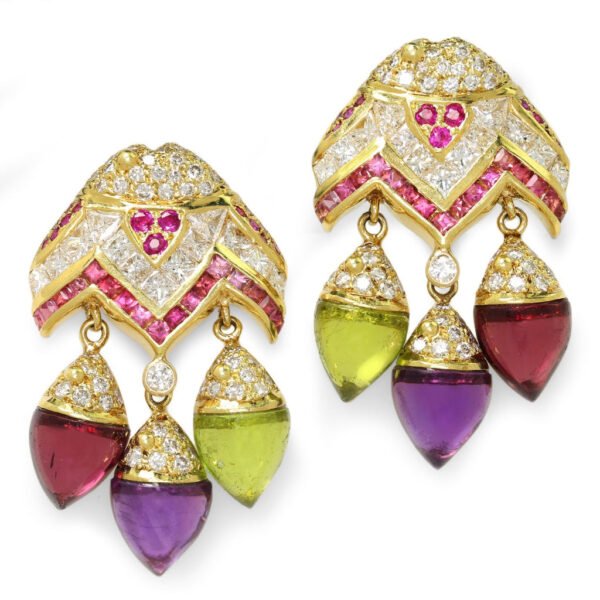 Vintage Cabochon Gemstone Chandelier Earrings with Diamonds
