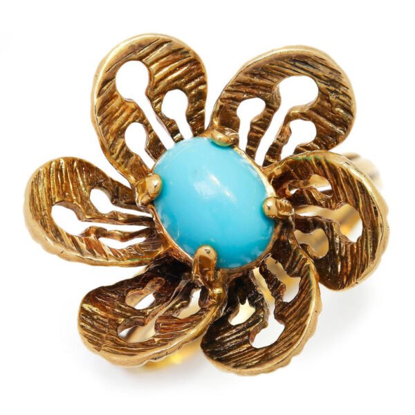 Vintage Cabochon Turquoise Flower Ring 14K Yellow Gold