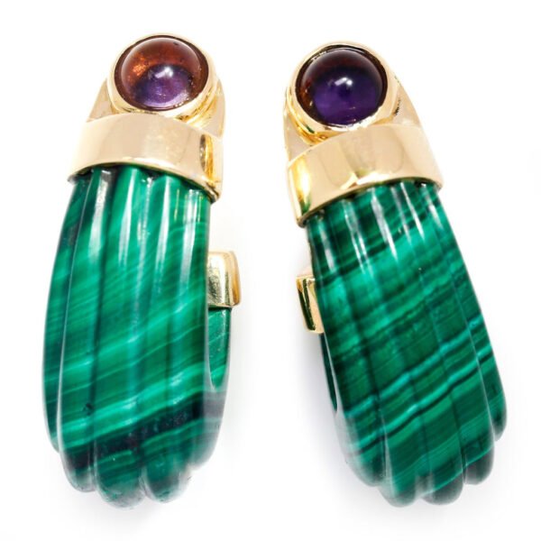 Vintage Carved Malachite Hoop Stud Earrings with Amethysts 14K