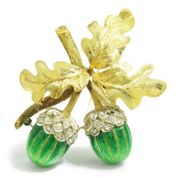 Vintage Diamond Acorn with Leaves Brooch 18K & Enamel
