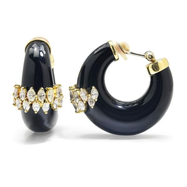 Vintage Diamond & Onyx Hoop Earrings 18K Gold 2.50ctw