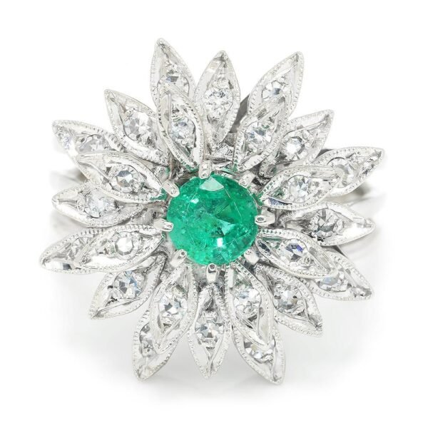Vintage Emerald Flower Ring with Diamonds White Gold