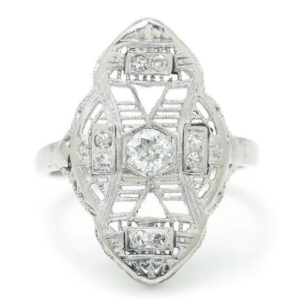 Vintage European Diamond Filigree Dinner Ring White Gold .19ctw