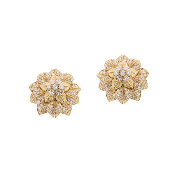 Vintage Gold and Diamond Flower Earclips