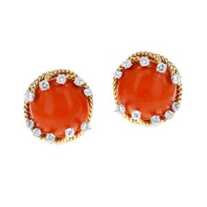 Vintage Gold, Coral and Diamond Earclips
