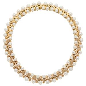 Vintage Gold, Cultured Pearl and Diamond Collar Necklace