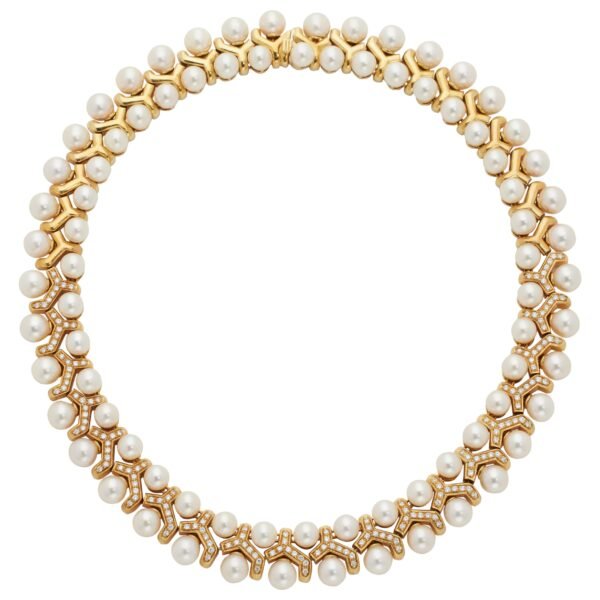 Vintage Gold, Cultured Pearl and Diamond Collar Necklace