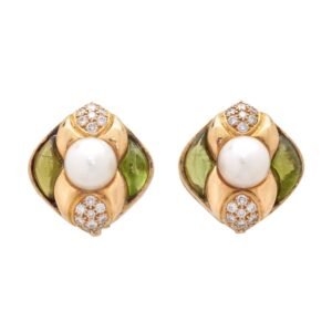 Vintage Gold, Cultured Pearl, Peridot and Diamond Earclips