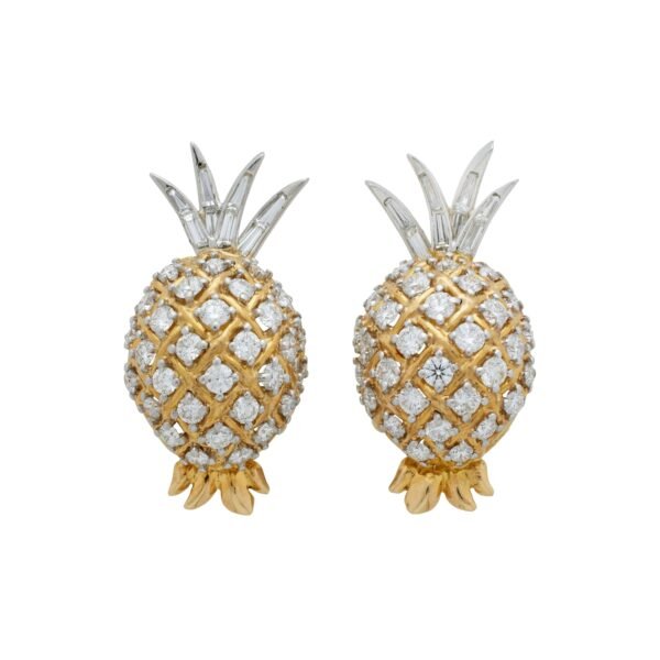 Vintage Gold, Platinum and Diamond Pineapple Earclips