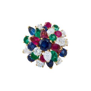 Vintage Gold, Sapphire, Emerald, Ruby and Diamond Cluster Ring