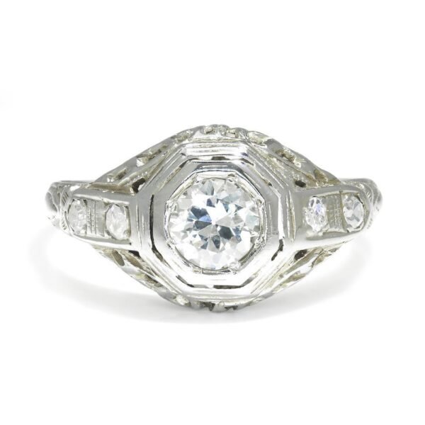 Vintage Old European Cut Diamond Ring 18K White Gold .45ctw