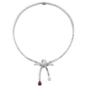 Vintage Platinum, Ruby and Diamond Bow Collar Necklace