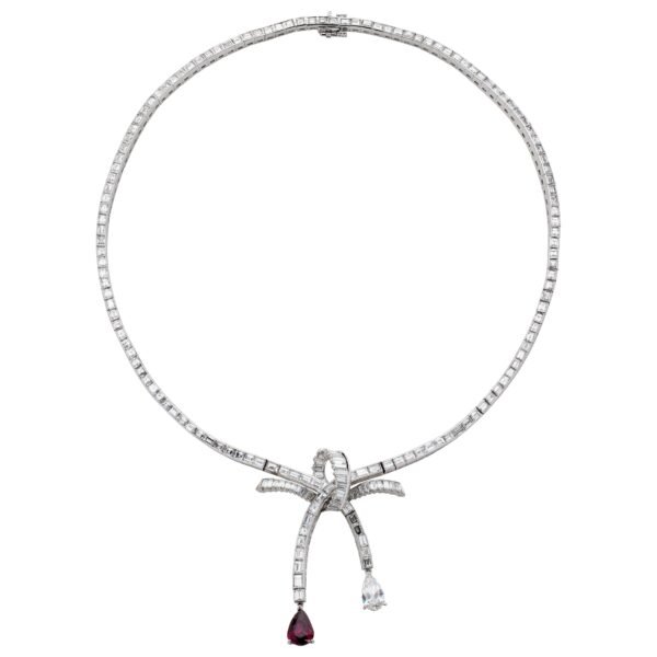 Vintage Platinum, Ruby and Diamond Bow Collar Necklace