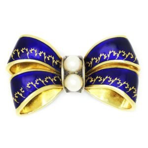 Vintage Ribbon Brooch Pin with Pearls 18K Gold