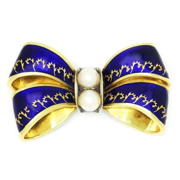Vintage Ribbon Brooch Pin with Pearls 18K Gold