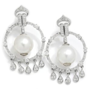 Vintage South Sea Pearl Chandelier Earrings with Diamonds White Gold
