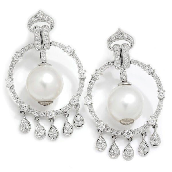 Vintage South Sea Pearl Chandelier Earrings with Diamonds White Gold