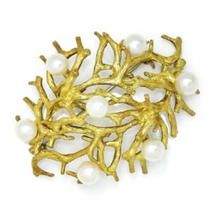 Vintage South Sea Pearl Twig Brooch Pin 18K Yellow Gold