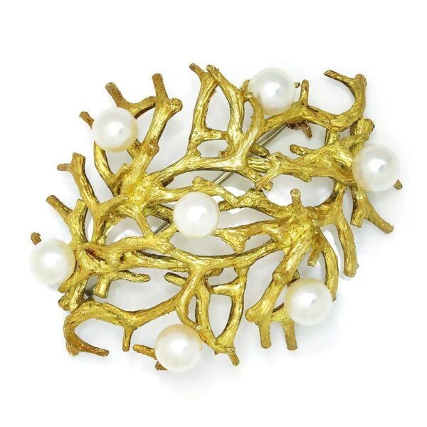 Vintage South Sea Pearl Twig Brooch Pin 18K Yellow Gold