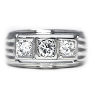 Vintage Three Stone Round Diamond Wide Engagement Ring White Gold