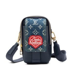 Virgil Abloh NIGO Blue Monogram Denim & Leather Flat Double Phone Pouch Gold Hardware, 2021