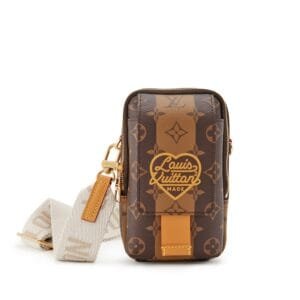 Virgil Abloh NIGO Brown Monogram Striped Coated Canvas Flap Double Phone Pouch Gold Hardware, 2021