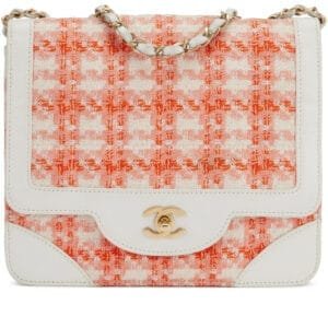 White and Orange Tweed, White Calfskin Chocolate Bar Quilted CC Square Flap Bag Brushed Gold Hardware, 2000-2002