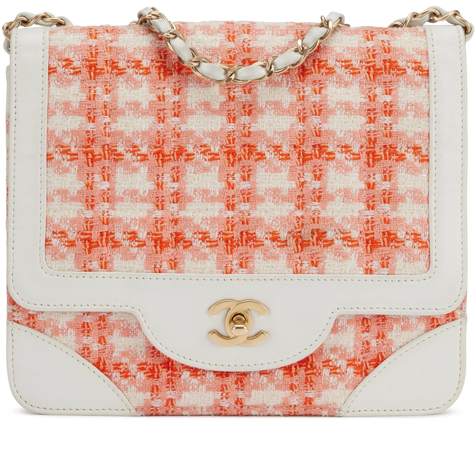 White and Orange Tweed, White Calfskin Chocolate Bar Quilted CC Square Flap Bag Brushed Gold Hardware, 2000-2002