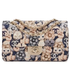White, Beige and Navy Quilted Nylon Metallic Gold Lambskin Medium Cat Emoticon Double Flap Gold Hardware, 2016