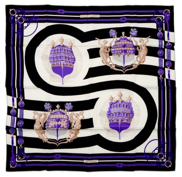 White, Black, Beige and Purple Silk Chateaux D' Arriere Scarf by Julia Abadie 70