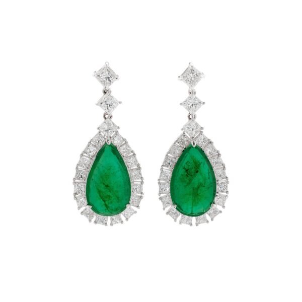 White Gold, 10.85ctw Zambian Emerald and Diamond Drop Earrings