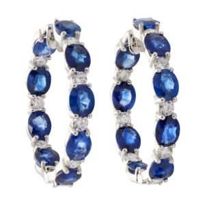 White Gold, 11.20ctw Sapphire and 1.40ctw Diamond Hoop Earrings