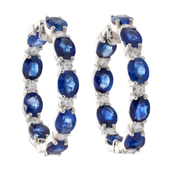 White Gold, 11.20ctw Sapphire and 1.40ctw Diamond Hoop Earrings