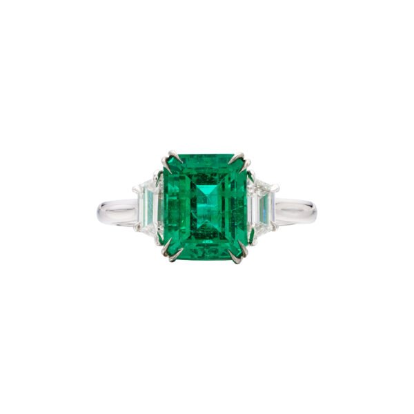 White Gold, 3.08ct Zambian Emerald and Diamond Three Stone Ring