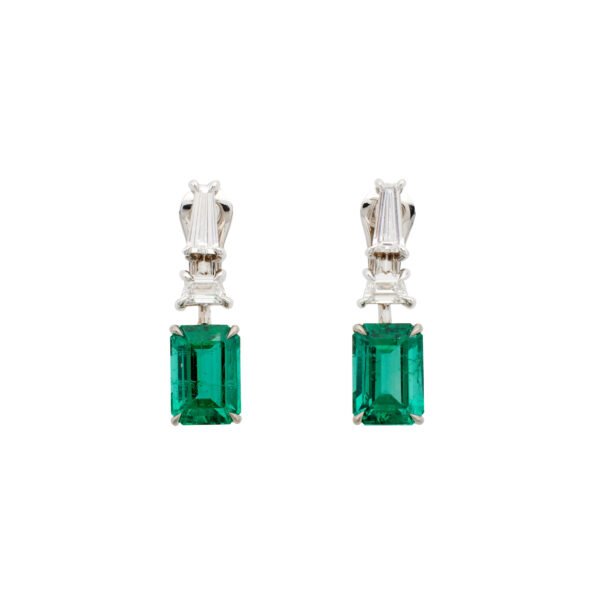 White Gold, 3.99ctw Zambian Emerald and Diamond Drop Earrings