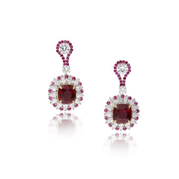 White Gold, 4.07ctw Burmese Spinel, Ruby and Diamond Drop Earrings
