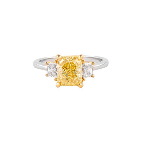 White Gold and 2.01ct Radiant Cut Fancy Yellow Diamond Three Stone Engagement Ring