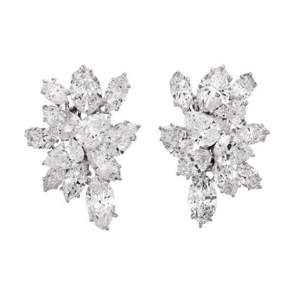 White Gold and 21.00ctw Marquise Cut Diamond Cluster Earclips