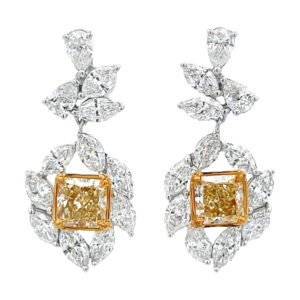 White Gold and 2.70ctw Fancy Yellow Diamond and Diamond Cluster Drop Earrings
