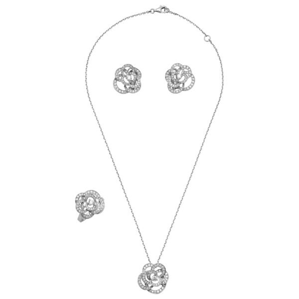 White Gold and Diamond Fil de Camélia Necklace, Ring, and Earrings Set