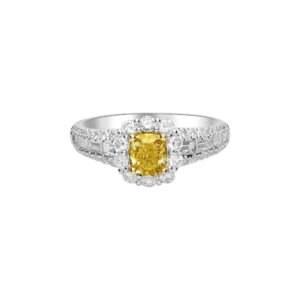 White Gold, Gold, 1.00ct Cushion Cut Fancy Intense Yellow Diamond and Diamond Engagement Ring