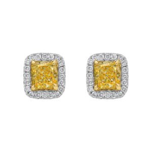 White Gold, Gold, 1.35ctw Cushion Cut Yellow Diamond and Diamond Stud Earrings