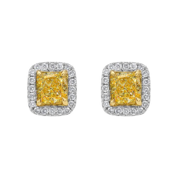 White Gold, Gold, 1.35ctw Cushion Cut Yellow Diamond and Diamond Stud Earrings