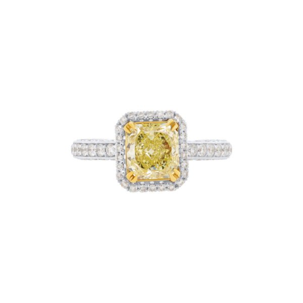 White Gold, Gold, 1.39ct Radiant Cut Fancy Intense Yellow Diamond and Diamond Engagement Ring