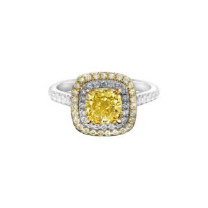 White Gold, Gold, 1.53ct Cushion Cut Fancy Vivid Yellow Diamond and Diamond Ring
