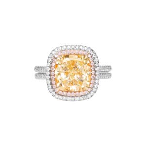 White Gold, Pink Gold, 5.03ct Cushion Cut Fancy Yellow Diamond, Pink Diamond and Diamond Engagement Ring