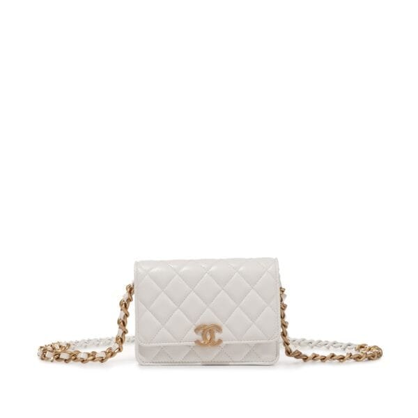 White Quilted Lambskin Mini Wallet on Chain Brushed Gold and White Hardware, 2022