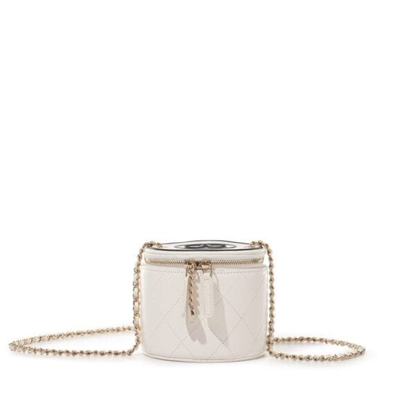 White Quilted Lambskin Round Vanity Case with Chain Pale Gold Hardware, 2021