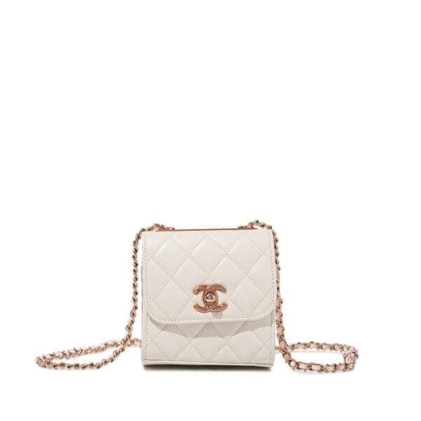White Quilted Lambskin Trendy CC Clutch with Chain Rose Gold Hardware, 2021