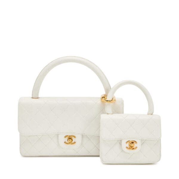 White Quilted Lambskin Two-in-One Flap Bag Set Gold Hardware, 1994-1996